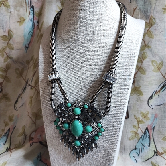 Turquoise Cabochon Statement Necklace Clear Baguette Smoke Navette Stones Pewter - Picture 2 of 15